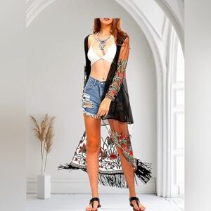 BLACK SHEER BOHEMIAN STYLE EMBROIDERY CARDIGAN NEW BOUTIQUE ITEM SIZE XS